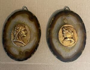 Pair Grand Tour Plaster Cameo Intaglio Miniatures on Agate Plaques 3.5"x2.75"